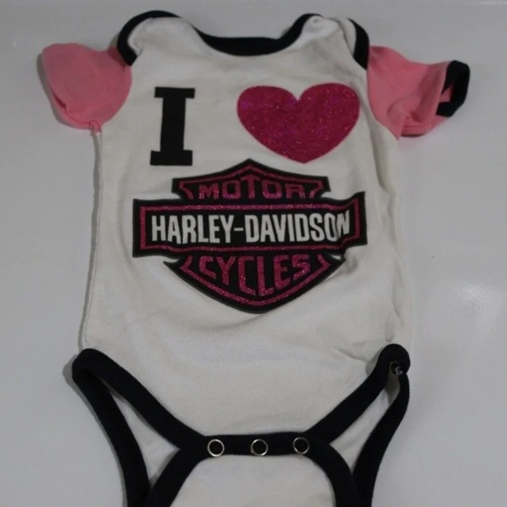 Harley Davidson Baby Girl Body Suits Lot of 3 Tattoo Arm Pink I Love Harley 3-6